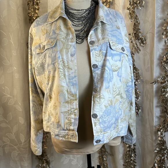 Bill Blass 1X Floral Linen Jacket Women Beige‎ Blue Button Down Y2K Boho - Picture 3 of 14